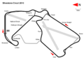 2010: New infield "Arena" section was added to the layout, while Bridge and Priory corners are suppressed. Club re-profiled to allow grid boxes to be in line. Motorbike circuit inside Luffield removed.