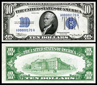 Ten-dollar silver certificate from the series of 1934, by the Bureau of Engraving and Printing