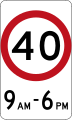 (R4-V114-1) 40 km/h Speed Limit with time of operation (used in Victoria)