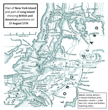 Outline map of New York Island, Statten Island, Long Island and a portion of the Hudson River, showing British and American positions during the Battle of Long Island