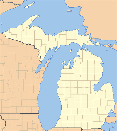 密歇根州83个县的地图，当中每个县以两个字母简称标示。此图的左下角标示了密歇根州在美国的位置