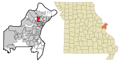 伯克利在圣路易斯县及密苏里州的位置（以红色标示）