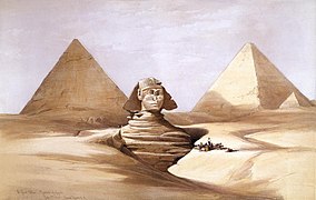 19th century painting of Sphinx of Giza, partly under sand, with two pyramids in the background