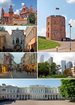 由右上方起顺时针：格迪米纳斯塔、维尔纽斯商业区（立陶宛语：Šnipiškės）、总统府、城堡街、黎明门、维尔纽斯主教座堂