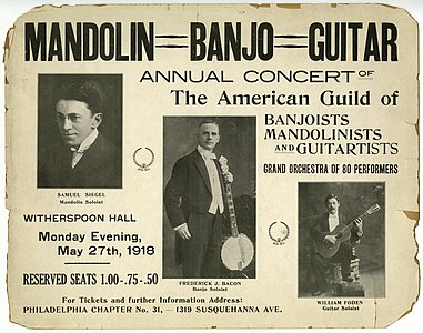 Advertisement for the American Guild of banjoists, mandoliniists and guitarists, 1918. It featured prominent instrumentalists of the movement, mandolinist Samuel Siegel, banjoist Frederick J. Bacon and guitarist William Foden.