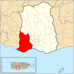 Location of barrio Canas within the municipality of Ponce shown in red