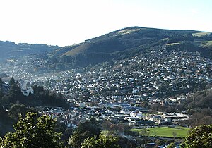 Looking across the Gardens Corner at the mouth of North East Valley towards Ōpoho from Prospect Park