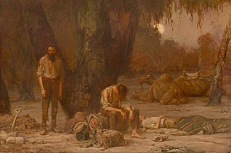 Arrival of Burke, Wills and King at the deserted camp at Cooper's Creek, Sunday evening, 21 April 1861, 1907, National Gallery of Victoria