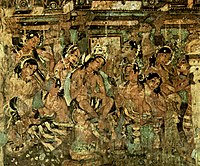 One of four frescos for the Mahajanaka Jataka tale. The king announces he abdicates to become an ascetic.[135]