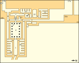 Annotated map of Nyuserre's mortuary temple. Described in detail in upcoming section.