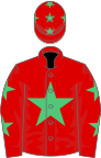 Red, emerald green star and stars on sleeves, red cap, emerald green stars