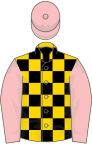 Yellow, black checked, pink sleeves, pink cap