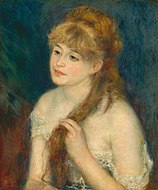 皮耶-奥古斯特·雷诺阿的《正在编辫子的年轻女子》（Young Woman Braiding Her Hair），55.5 × 46cm，约作于1876年，来自爱尔莎·梅隆·布鲁斯的收藏。[60]