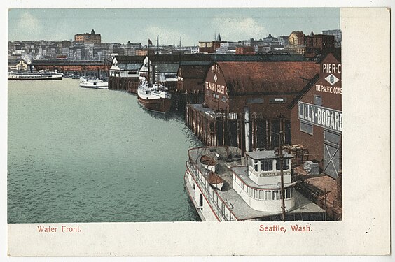 This circa 1907 postcard (image can't be any later than that because the Washington Hotel is still there on Denny Hill) shows much the same as we see in the 1904 photo, but also shows Pier C, the Lilly-Bogardus Dock (also owned by the Pacific Coast Company). Written on the end of the Pier C shed: "Pier C", Maltese Cross, "The Pacific Coas[t Co.]", "Lilly-Bogard[us Co.]"