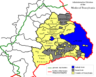 Map of the eastern region of the Carpathian Basin, with Székely Land in its easternmost corner and the Saxon seats in the northern and southern territory