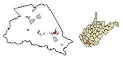 Location of Mullens in Wyoming County, West Virginia.