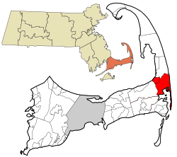 奥尔良在巴恩斯特布尔县及马萨诸塞州的位置（以红色标示）