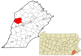 Location of West Caln Township in Chester County (left) and of Chester County in Pennsylvania (right)