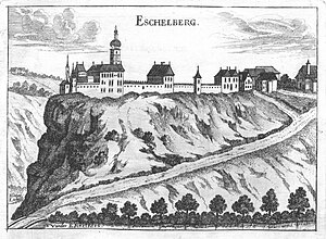 Eschelberg Castle in 1674, drawn by Georg Matthäus Vischer