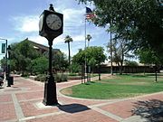 Murphy Park named after William John Murphy, founder of Glendale. The town clock (pictured) was dedicated in 1987 to the memory of Thelma Renick Heatwole (1912-1991), who covered life in the Glendale community for more than 40 years as a newspaper reporter. The park is located at 58th & Glendale Avenues and has a public library.