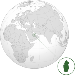 卡塔尔（绿色）于欧亚非大陆上的位置