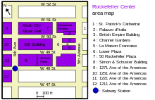 Diagram of Rockefeller Center. The subway entrance at Sixth Avenue and 48th Street is marked by a blue dot.
