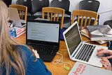 Editors at work during the Cornell University 2017 Art + Feminism Wikipedia edit-a-thon. Fine Arts Library, March 11, 2017.