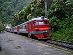 An electric multiple unit passenger train at Psyrtsha station, Abkhazia, in 2011