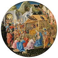 安杰利科修士和菲利普·利皮的《三博士来朝（英语：Adoration of the Magi (Fra Angelico and Filippo Lippi)）》，直径137.3cm，约作于1445年，来自山缪·亨利·卡瑞斯的收藏。[7]