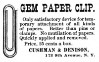 GEM Paper Clip advertisement, Jan 1893, by Cushman & Denison