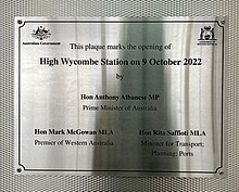 Plaque to commemorate the opening of the station on 9 October 2022 by Prime Minister Anthony Albanese, Premier Mark McGowan and Transport Minister Rita Saffioti.