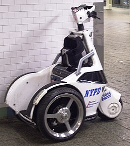 A three-wheeled scooter used by the New York City Police Department to patrol the New York City Subway
