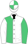 WHITE and EMERALD GREEN HALVED, sleeves reversed, quartered cap