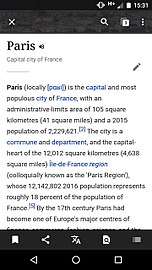 Example of Wikidata descriptions beneath the article title in the Android app (and iOS)