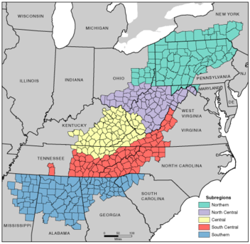 Map showing subregions of Appalachia.