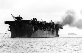 USS Independence, ship #28, showing blast damage from Able, before Baker made her radioactive.