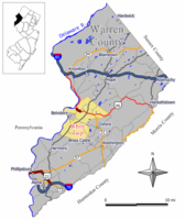 Location of White Township in Warren County highlighted in yellow (right). Inset map: Location of Warren County in New Jersey highlighted in black (left).