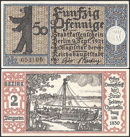 印制于100年前（1921年），由柏林蒂尔加滕印制的50分钱紧急货币（"Notgeld" banknote）。 钞票背面印有约于1830年、德国首艘气船“Prinzessin Charlotte von Preußen”。然而，钞票所示之1830年实为笔误，有关气船早于1824年经已拆卸。