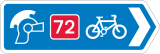 Blue traffic sign with a Roman helmet icon, a white bicycle symbol and a red square with the number 72 in it.