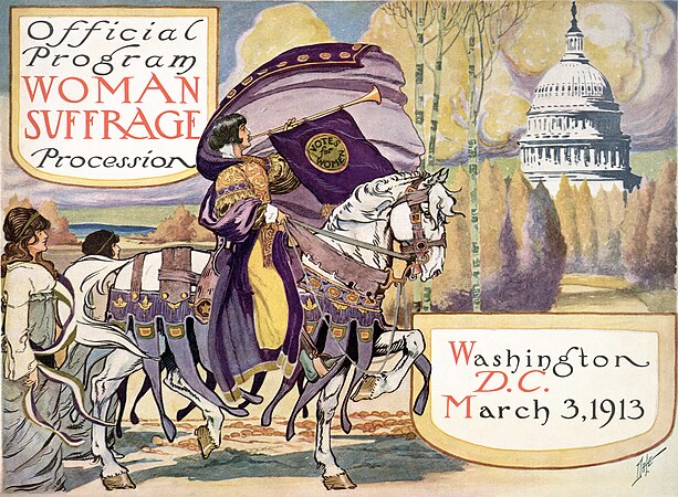 图为第一次妇女参政权游行的场刊封面，发生于111年前今天的华盛顿。