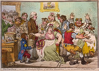 Cartoon depicting cowpox vaccination by James Gillray (1802)