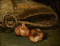 Still life with tote bag and garlic, by Édouard Manet