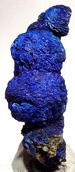 A vertical cluster of four deep blue azurite rosettes mounted on small white base