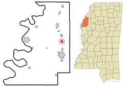 梅里戈尔德在玻利瓦县及密西西比州的位置（以红色标示）