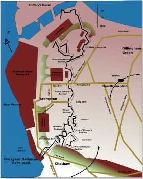 How the military presence developed after 1820, showing how the need for housing gave birth to New Brompton, and showing roads and railways.