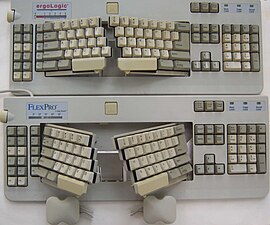 键仪（KeyTronic）FlexPro和OEM ergoLogic（1993）可调分体键盘，展示了调整开合角和外斜角（tenting angle）的特点