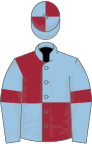 Light blue and maroon (quartered), light blue sleeves, maroon armlets