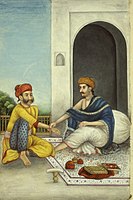 Physician taking pulse in Delhi c.1826