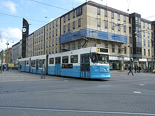A tram running at Brunnsparken in central Gothenburg.
