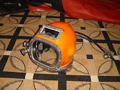 Front view of an AH3 free flow diving helmet